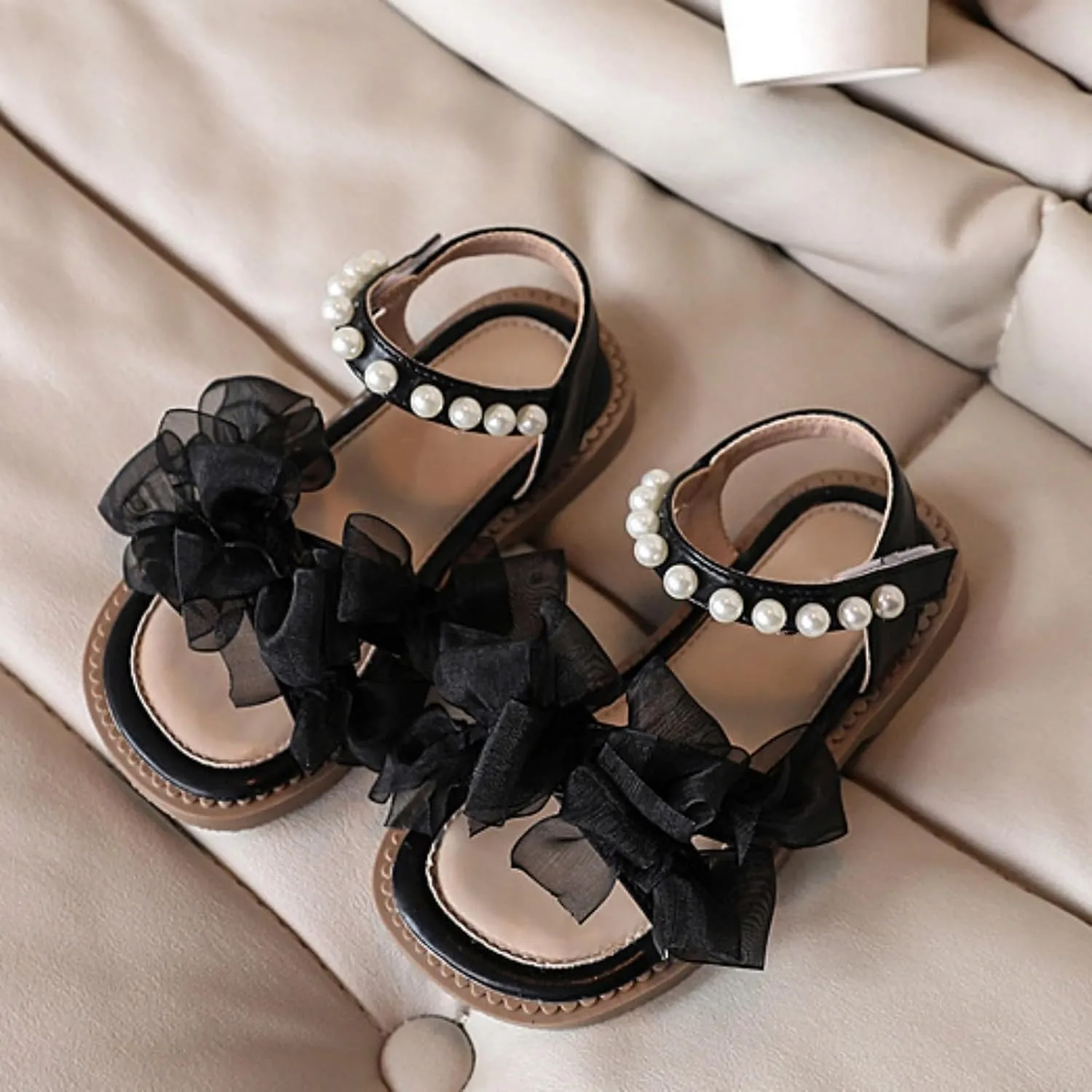 Girls Summer Sandals Mesh Pearl Beaded Ankle Strap Soft Sole Flats Open Toe Bow Flower Pump Dress Wedding Shoes