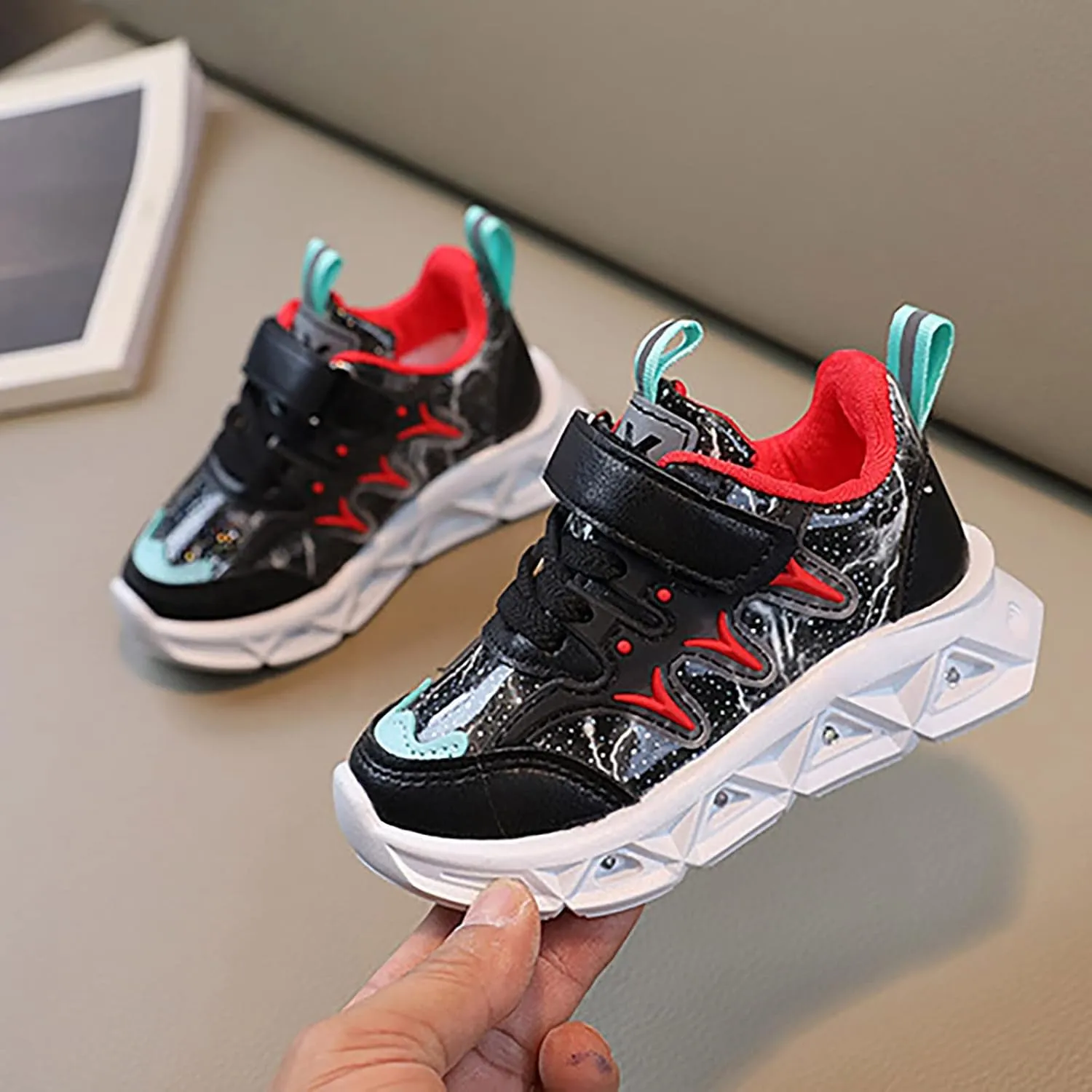 Infant Baby Shoes Children's Sneakers LED Charged Breathable Soft Sole Strap Collision Color Solid Tied Canvas Shoes
