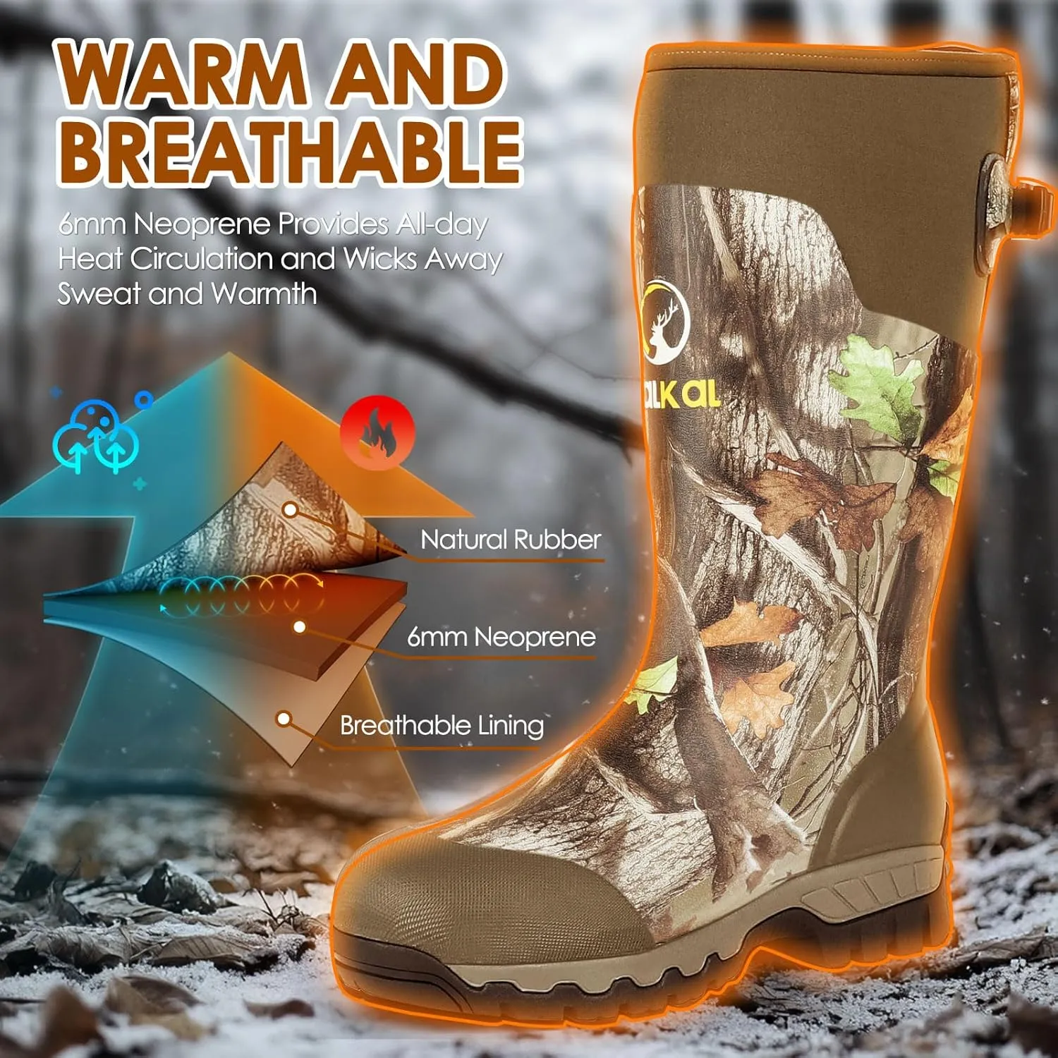 Kalkal Hunting Boots, Waterproof Anti-slip Rain Boots, Insulated Rubber Boots with 6mm Neoprene, for Hunting Working Farming (Size 6-14)