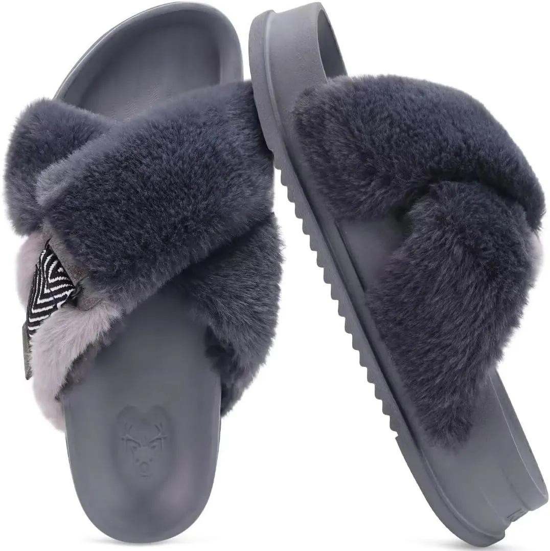 KuaiLu Women's Fuzzy Cross Band Platform Slippers Comfortable Faux Fur Open Toe Arch Support Slides Slippers for Indoor Outdoor