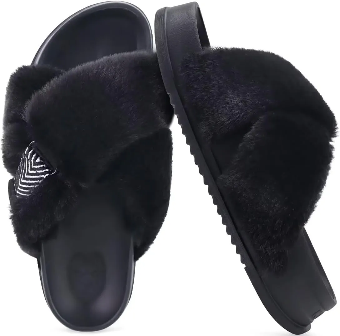 KuaiLu Women's Fuzzy Cross Band Platform Slippers Comfortable Faux Fur Open Toe Arch Support Slides Slippers for Indoor Outdoor