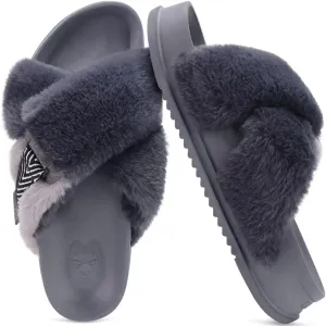 KuaiLu Women's Fuzzy Cross Band Platform Slippers Comfortable Faux Fur Open Toe Arch Support Slides Slippers for Indoor Outdoor