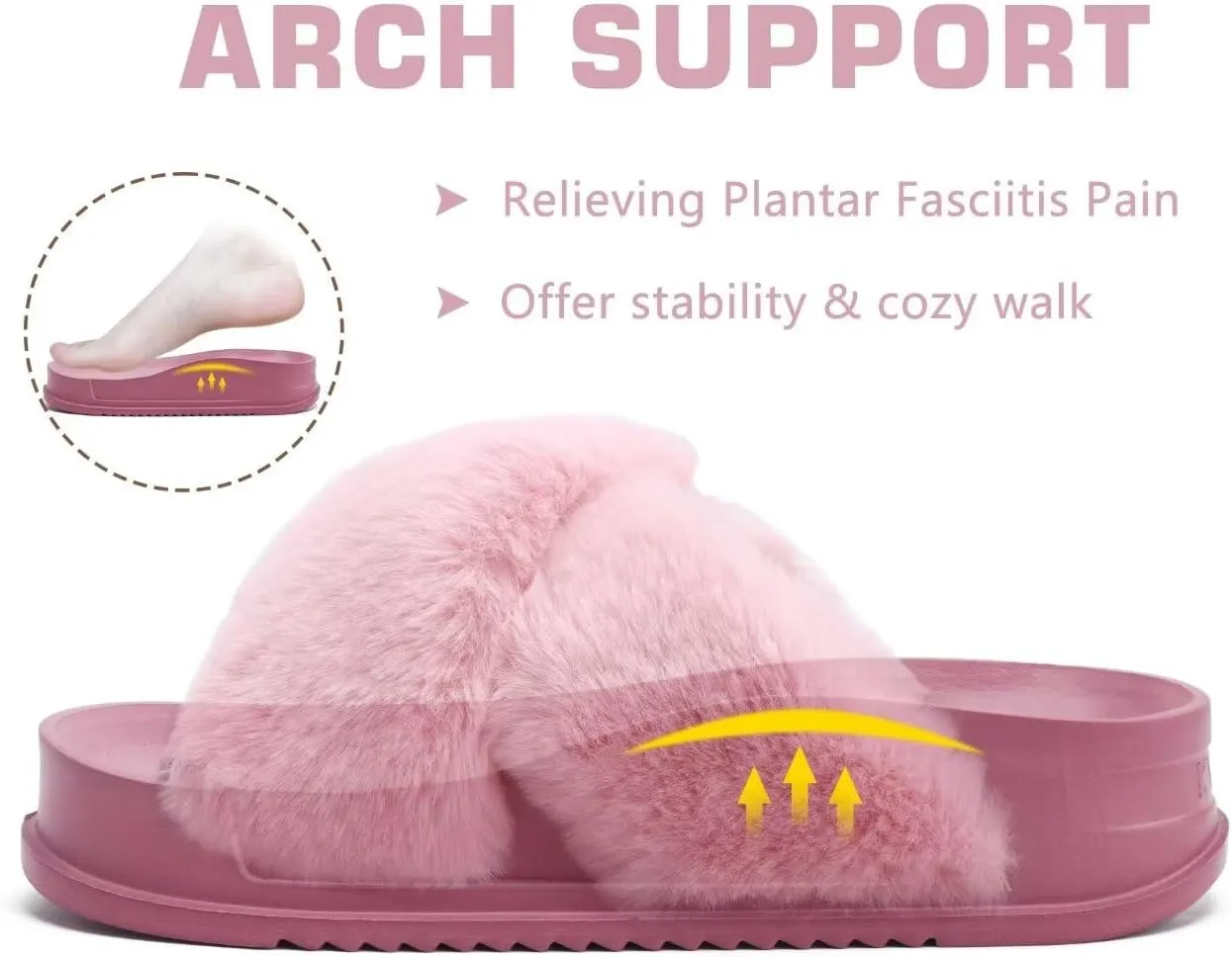 KuaiLu Women's Fuzzy Cross Band Platform Slippers Comfortable Faux Fur Open Toe Arch Support Slides Slippers for Indoor Outdoor