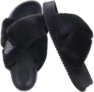 KuaiLu Women's Fuzzy Cross Band Platform Slippers Comfortable Faux Fur Open Toe Arch Support Slides Slippers for Indoor Outdoor