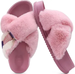 KuaiLu Women's Fuzzy Cross Band Platform Slippers Comfortable Faux Fur Open Toe Arch Support Slides Slippers for Indoor Outdoor