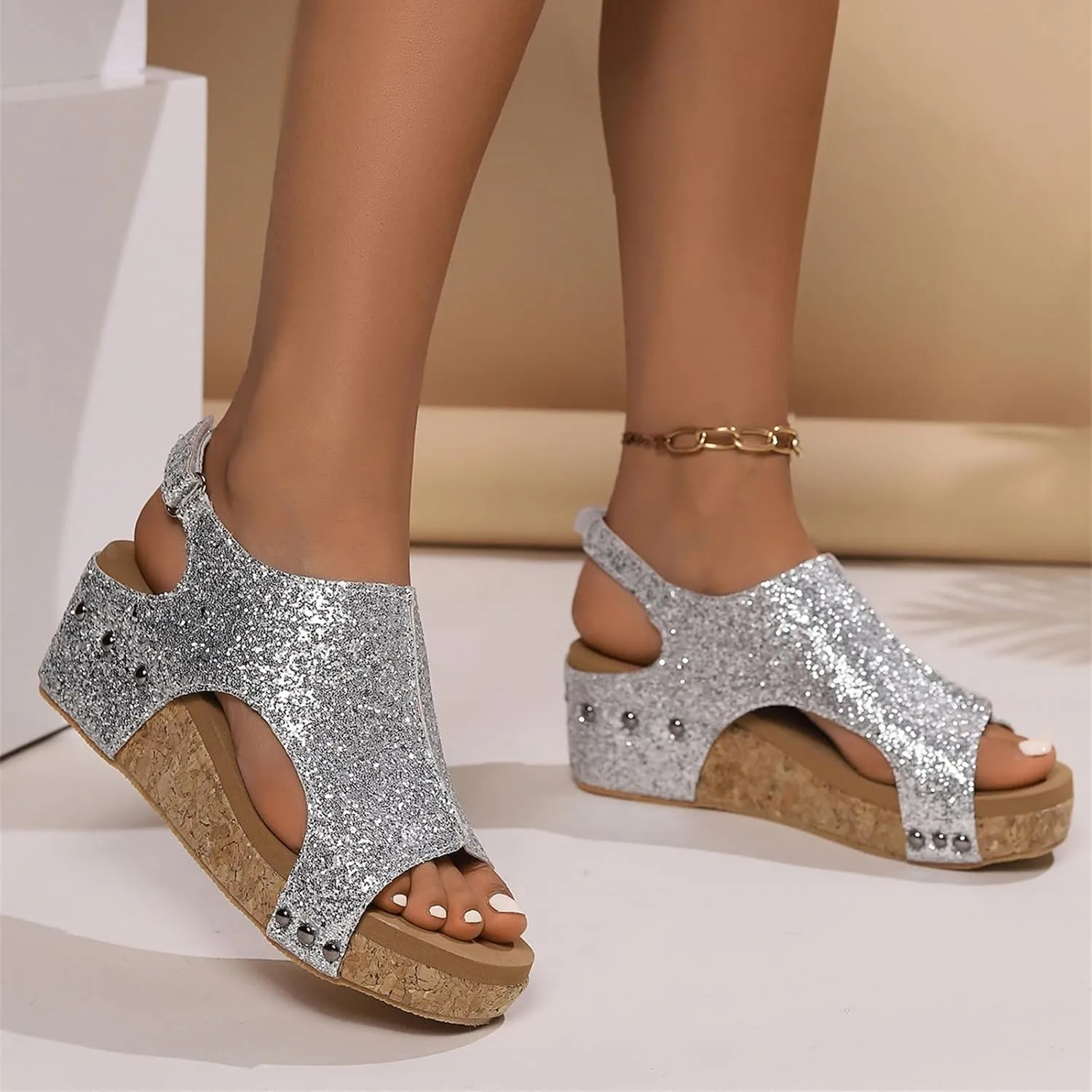 Ladmiple Womens Sandals Comfortable Dressy Wedge Heel Platform Sandals Slip on Ankle Strap Glitter Casual Summer Dress Shoes