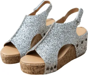Ladmiple Womens Sandals Comfortable Dressy Wedge Heel Platform Sandals Slip on Ankle Strap Glitter Casual Summer Dress Shoes