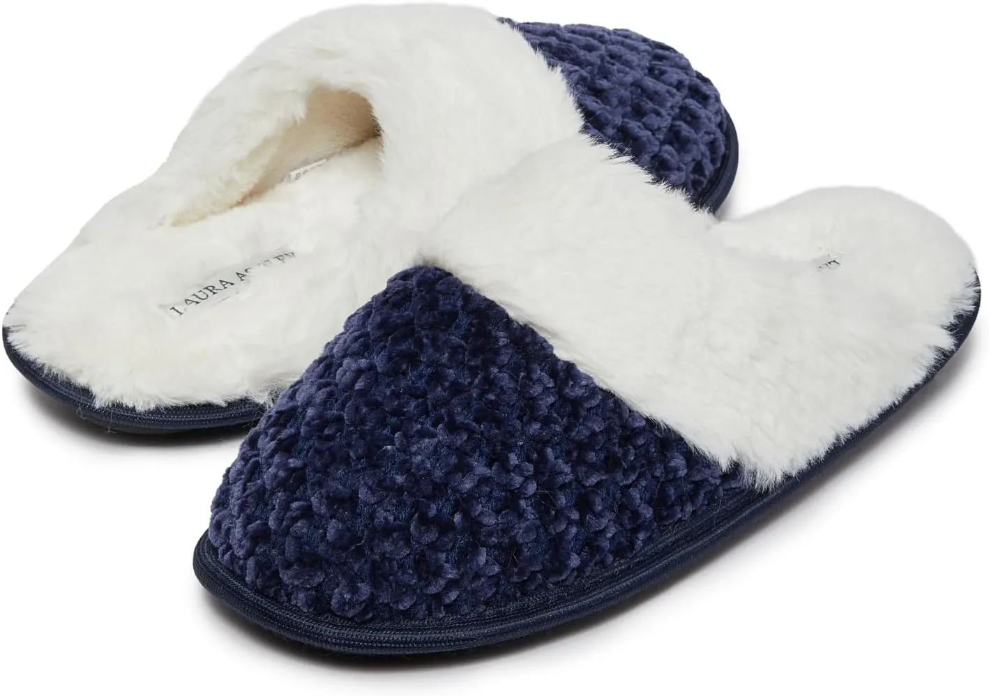 Laura Ashley Women's Slippers, Plush Chenille Memory Foam Scuff Slides, Non Slip Indoor/Bedroom Shoes, Slip On Slippers for Women