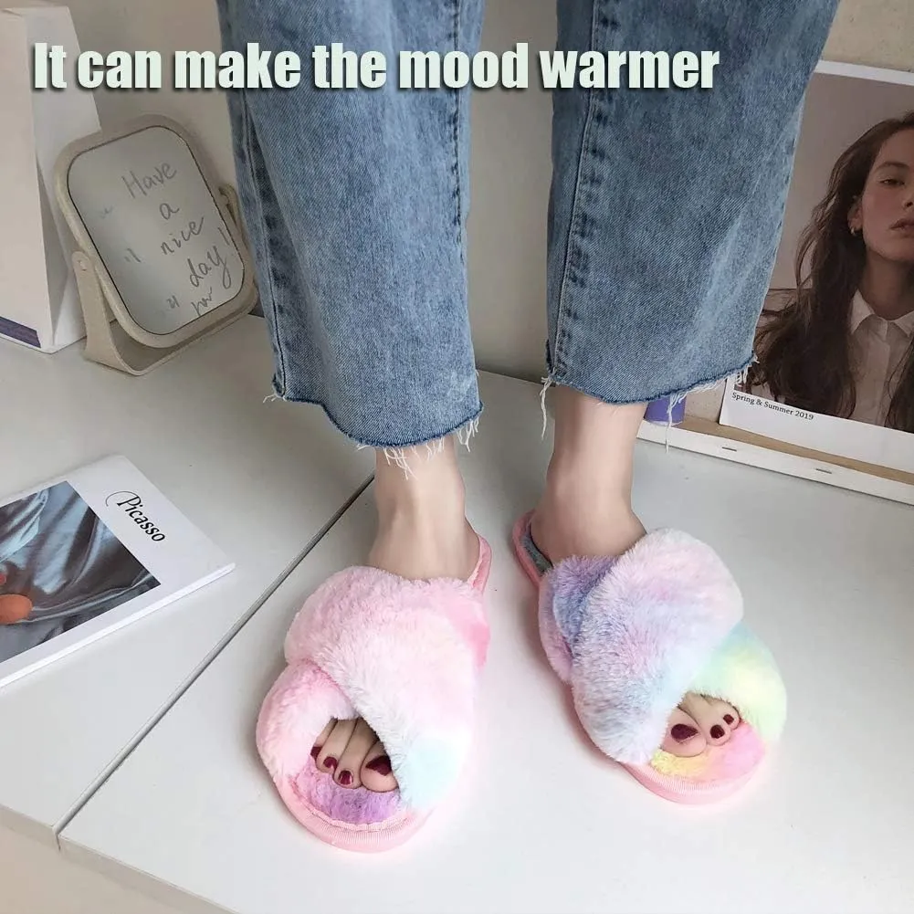 LZLER Womens Cross Band Slippers, Soft Plush Fleece Lightweight Non Slip Open Toe Flip Flop Shoes House Indoor Outdoor Fur Fuzzy Slippers
