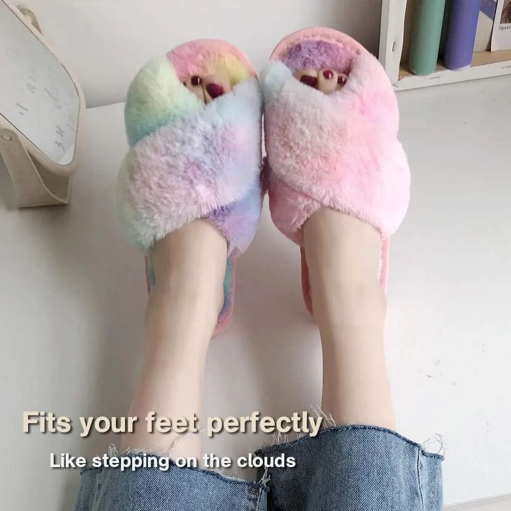 LZLER Womens Cross Band Slippers, Soft Plush Fleece Lightweight Non Slip Open Toe Flip Flop Shoes House Indoor Outdoor Fur Fuzzy Slippers