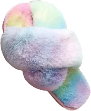 LZLER Womens Cross Band Slippers, Soft Plush Fleece Lightweight Non Slip Open Toe Flip Flop Shoes House Indoor Outdoor Fur Fuzzy Slippers