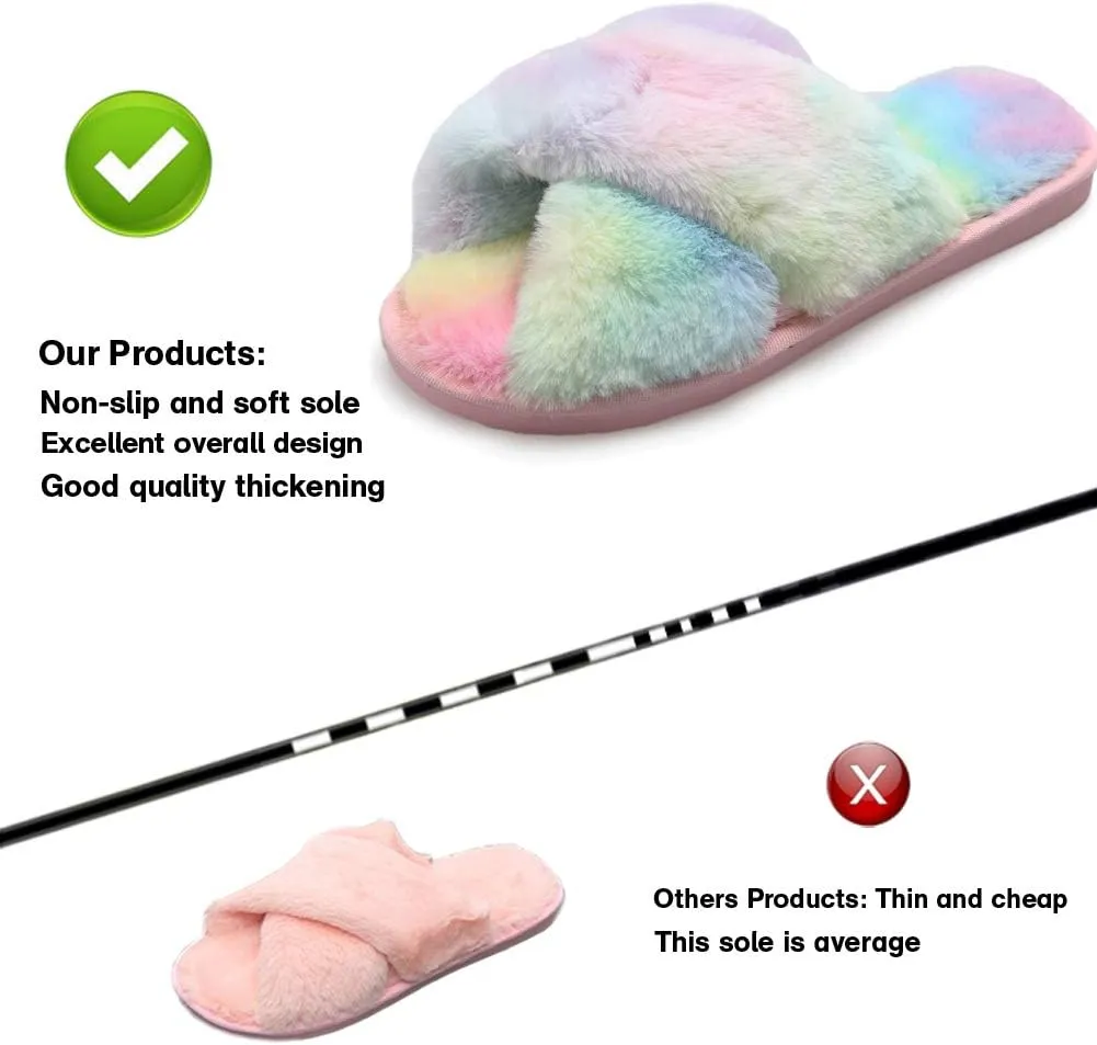 LZLER Womens Cross Band Slippers, Soft Plush Fleece Lightweight Non Slip Open Toe Flip Flop Shoes House Indoor Outdoor Fur Fuzzy Slippers