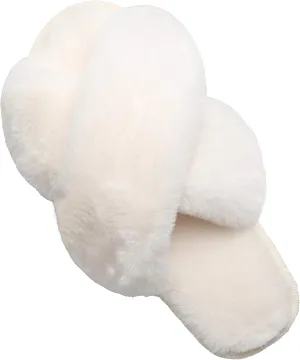 LZLER Womens Cross Band Slippers, Soft Plush Fleece Lightweight Non Slip Open Toe Flip Flop Shoes House Indoor Outdoor Fur Fuzzy Slippers