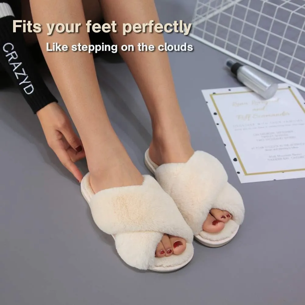 LZLER Womens Cross Band Slippers, Soft Plush Fleece Lightweight Non Slip Open Toe Flip Flop Shoes House Indoor Outdoor Fur Fuzzy Slippers