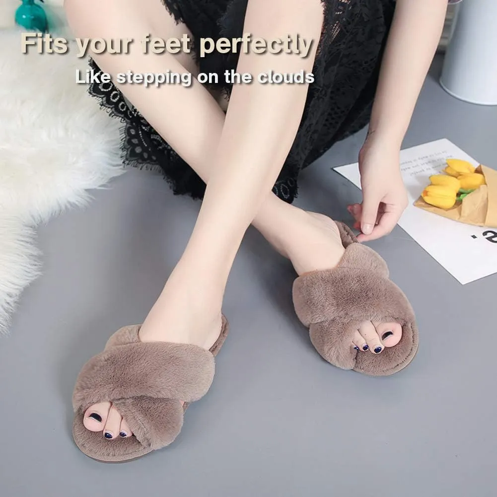 LZLER Womens Cross Band Slippers, Soft Plush Fleece Lightweight Non Slip Open Toe Flip Flop Shoes House Indoor Outdoor Fur Fuzzy Slippers