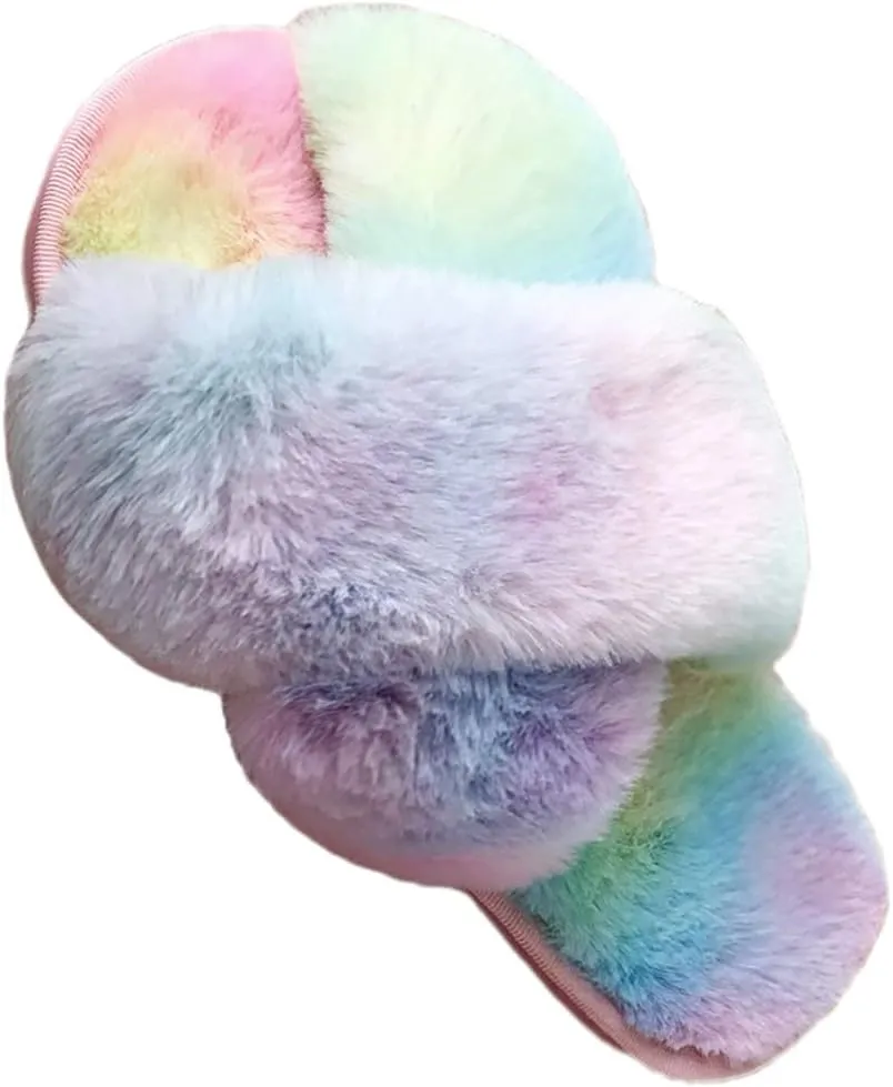 LZLER Womens Cross Band Slippers, Soft Plush Fleece Lightweight Non Slip Open Toe Flip Flop Shoes House Indoor Outdoor Fur Fuzzy Slippers
