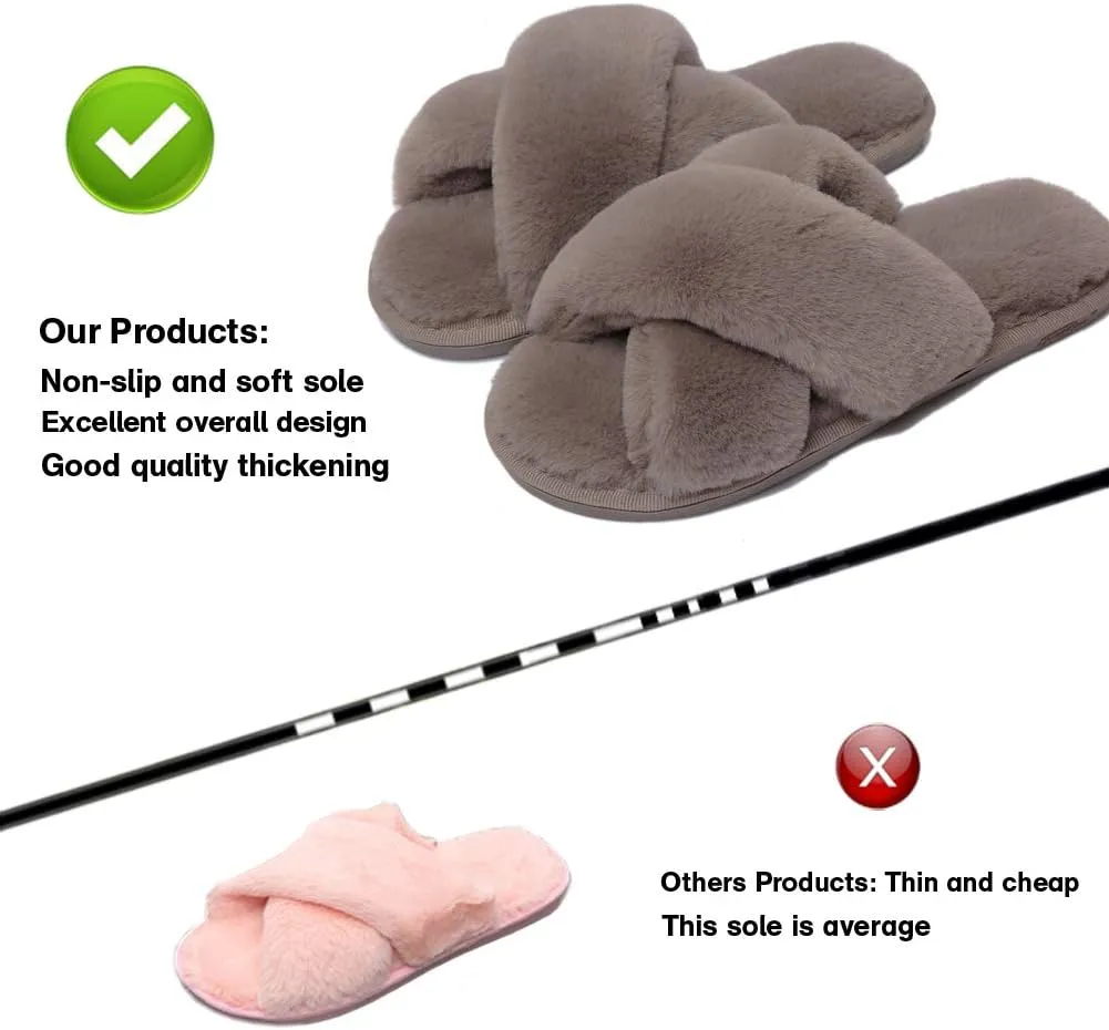 LZLER Womens Cross Band Slippers, Soft Plush Fleece Lightweight Non Slip Open Toe Flip Flop Shoes House Indoor Outdoor Fur Fuzzy Slippers