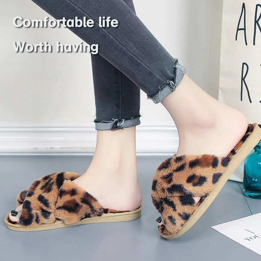 LZLER Womens Cross Band Slippers, Soft Plush Fleece Lightweight Non Slip Open Toe Flip Flop Shoes House Indoor Outdoor Fur Fuzzy Slippers