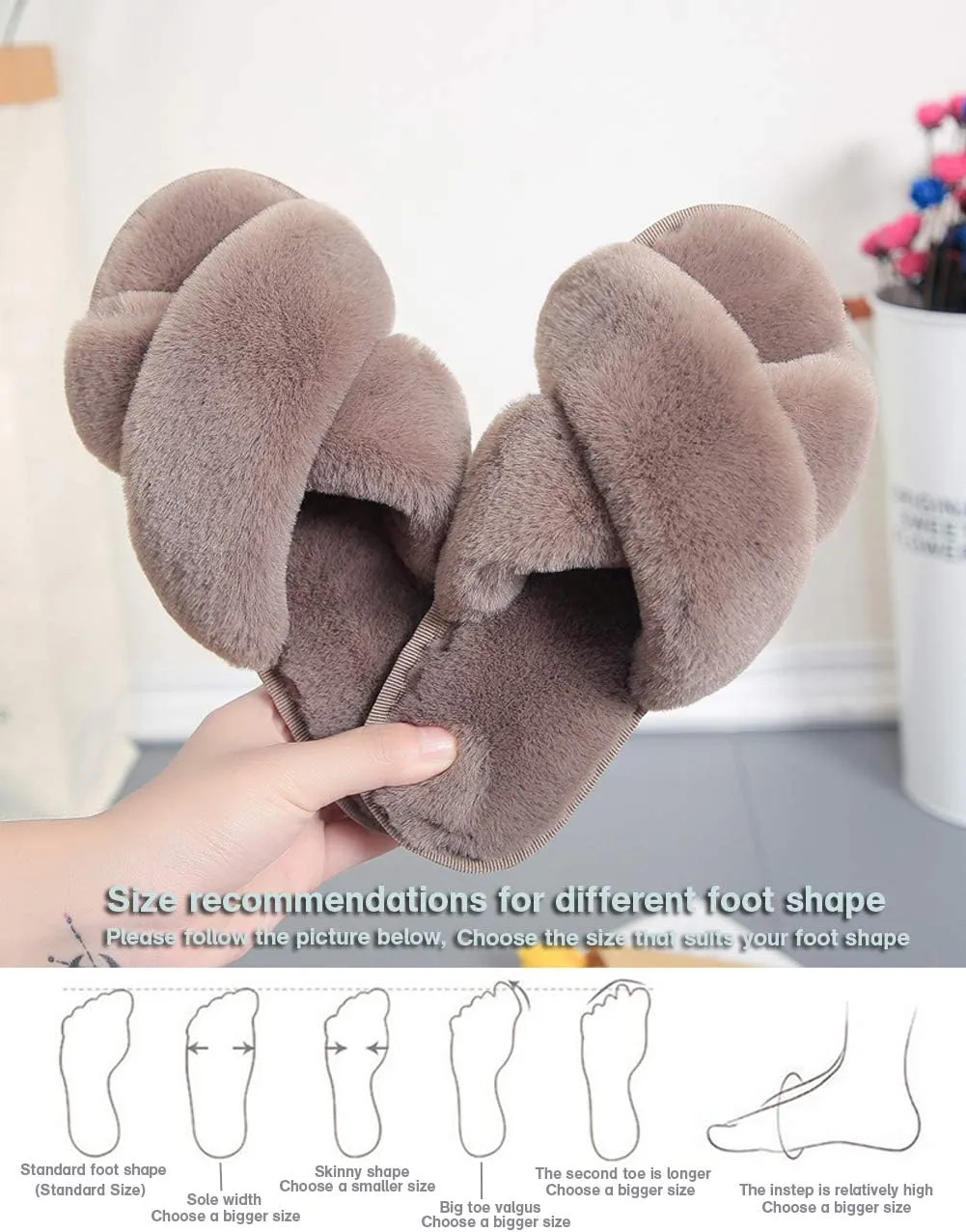 LZLER Womens Cross Band Slippers, Soft Plush Fleece Lightweight Non Slip Open Toe Flip Flop Shoes House Indoor Outdoor Fur Fuzzy Slippers
