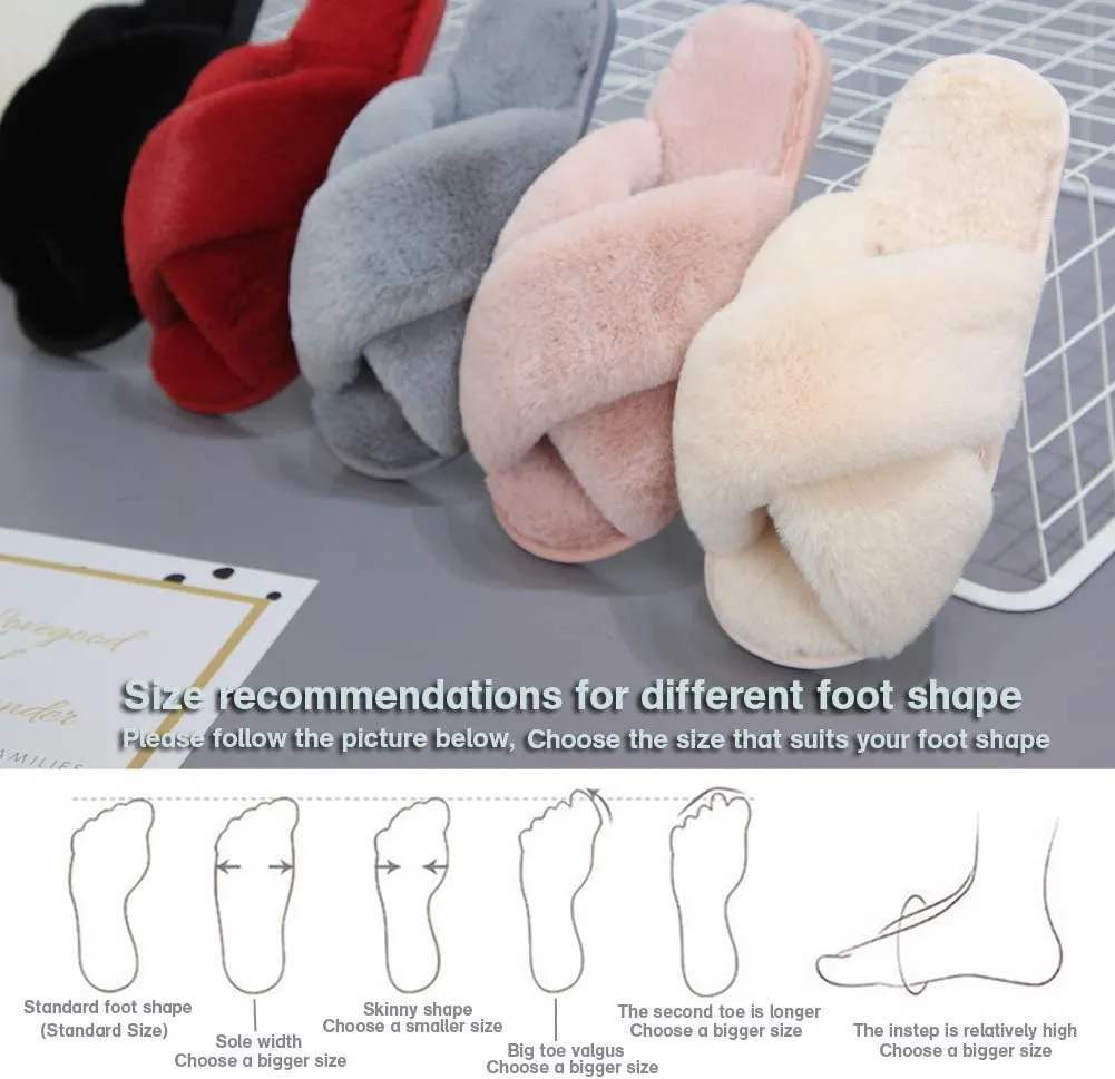 LZLER Womens Cross Band Slippers, Soft Plush Fleece Lightweight Non Slip Open Toe Flip Flop Shoes House Indoor Outdoor Fur Fuzzy Slippers
