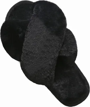 LZLER Womens Cross Band Slippers, Soft Plush Fleece Lightweight Non Slip Open Toe Flip Flop Shoes House Indoor Outdoor Fur Fuzzy Slippers