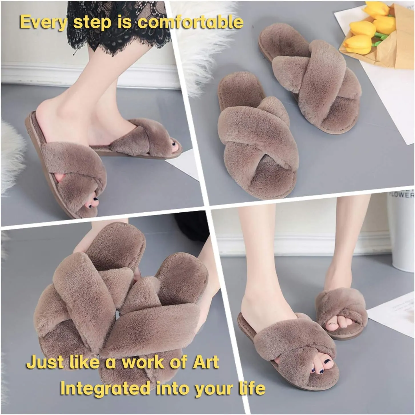 LZLER Womens Cross Band Slippers, Soft Plush Fleece Lightweight Non Slip Open Toe Flip Flop Shoes House Indoor Outdoor Fur Fuzzy Slippers