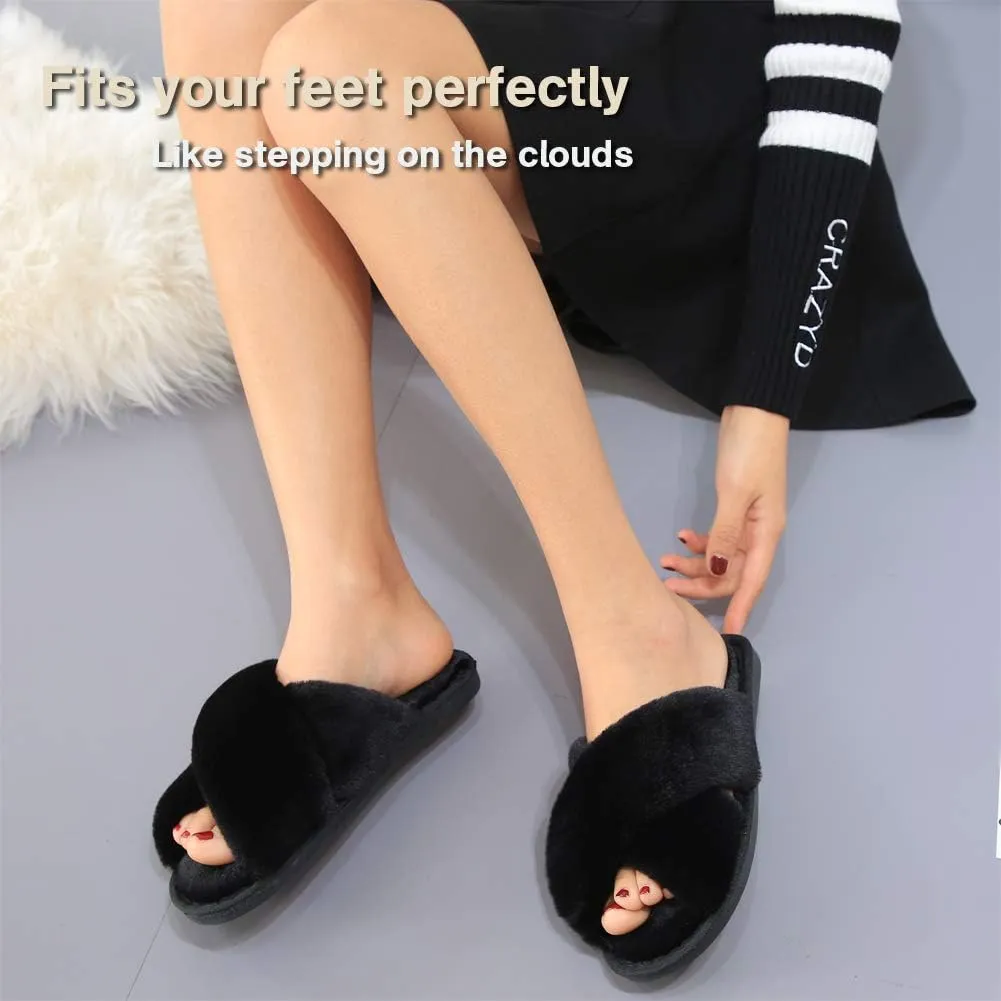 LZLER Womens Cross Band Slippers, Soft Plush Fleece Lightweight Non Slip Open Toe Flip Flop Shoes House Indoor Outdoor Fur Fuzzy Slippers