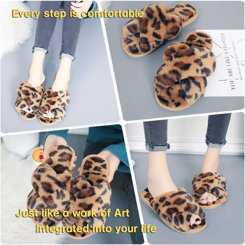 LZLER Womens Cross Band Slippers, Soft Plush Fleece Lightweight Non Slip Open Toe Flip Flop Shoes House Indoor Outdoor Fur Fuzzy Slippers