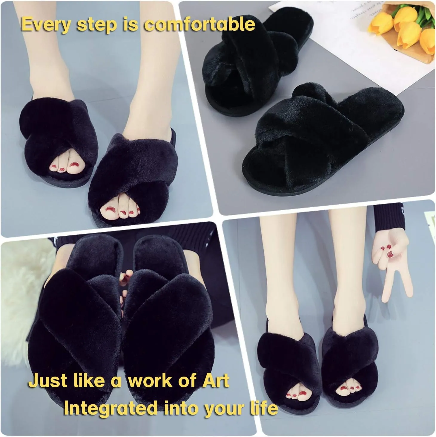 LZLER Womens Cross Band Slippers, Soft Plush Fleece Lightweight Non Slip Open Toe Flip Flop Shoes House Indoor Outdoor Fur Fuzzy Slippers