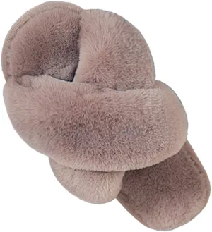 LZLER Womens Cross Band Slippers, Soft Plush Fleece Lightweight Non Slip Open Toe Flip Flop Shoes House Indoor Outdoor Fur Fuzzy Slippers
