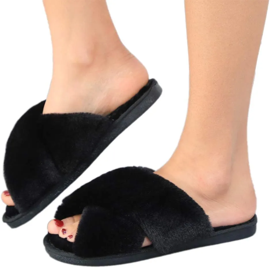 LZLER Womens Cross Band Slippers, Soft Plush Fleece Lightweight Non Slip Open Toe Flip Flop Shoes House Indoor Outdoor Fur Fuzzy Slippers