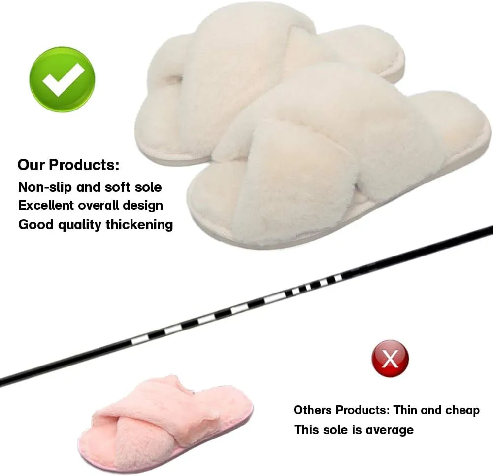 LZLER Womens Cross Band Slippers, Soft Plush Fleece Lightweight Non Slip Open Toe Flip Flop Shoes House Indoor Outdoor Fur Fuzzy Slippers