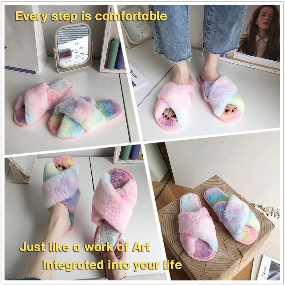 LZLER Womens Cross Band Slippers, Soft Plush Fleece Lightweight Non Slip Open Toe Flip Flop Shoes House Indoor Outdoor Fur Fuzzy Slippers