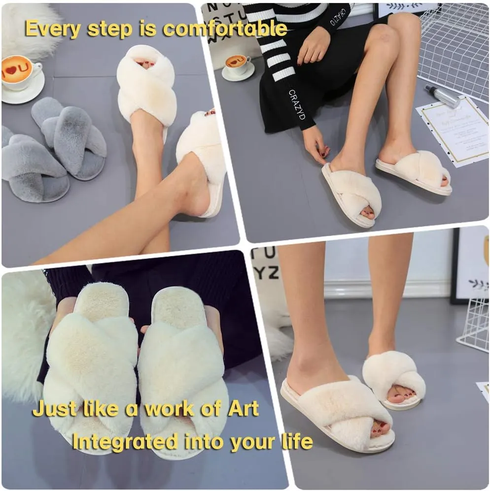 LZLER Womens Cross Band Slippers, Soft Plush Fleece Lightweight Non Slip Open Toe Flip Flop Shoes House Indoor Outdoor Fur Fuzzy Slippers
