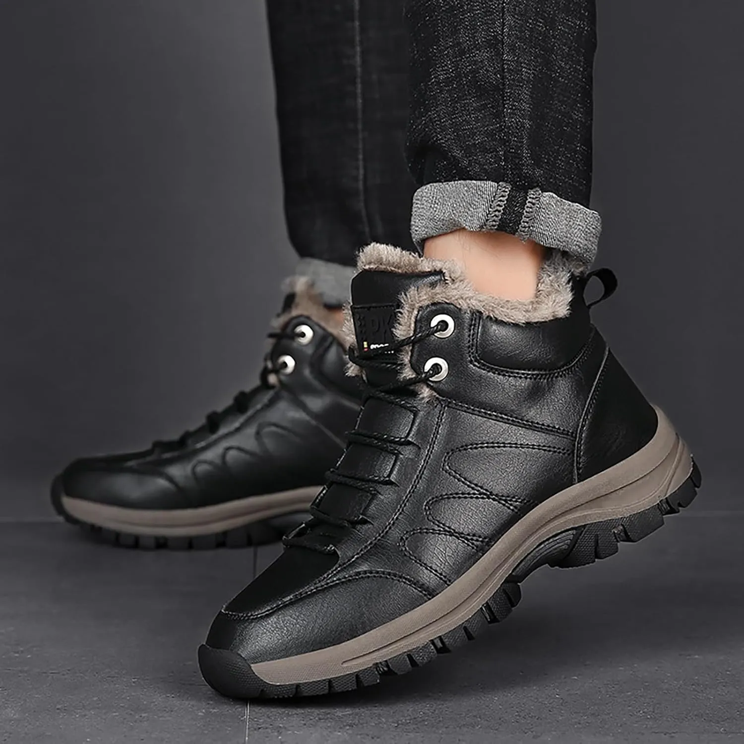 Men Work Boots Slip On Hiking Sneakers Warm Fur Lined Womens Safety Shoes Non Steel Toe Waterproof Outdoor Shoes Lightweight Hike Grounded Footwear