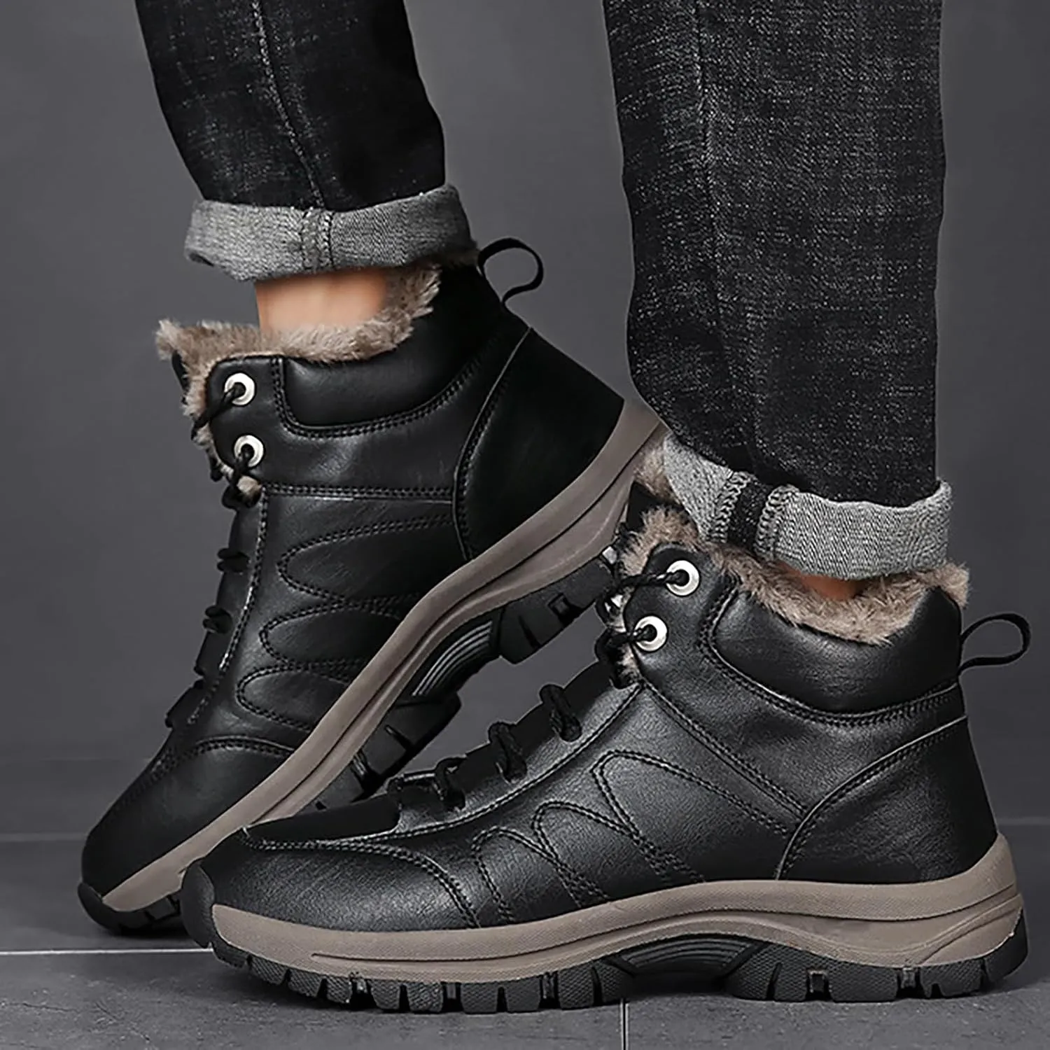 Men Work Boots Slip On Hiking Sneakers Warm Fur Lined Womens Safety Shoes Non Steel Toe Waterproof Outdoor Shoes Lightweight Hike Grounded Footwear