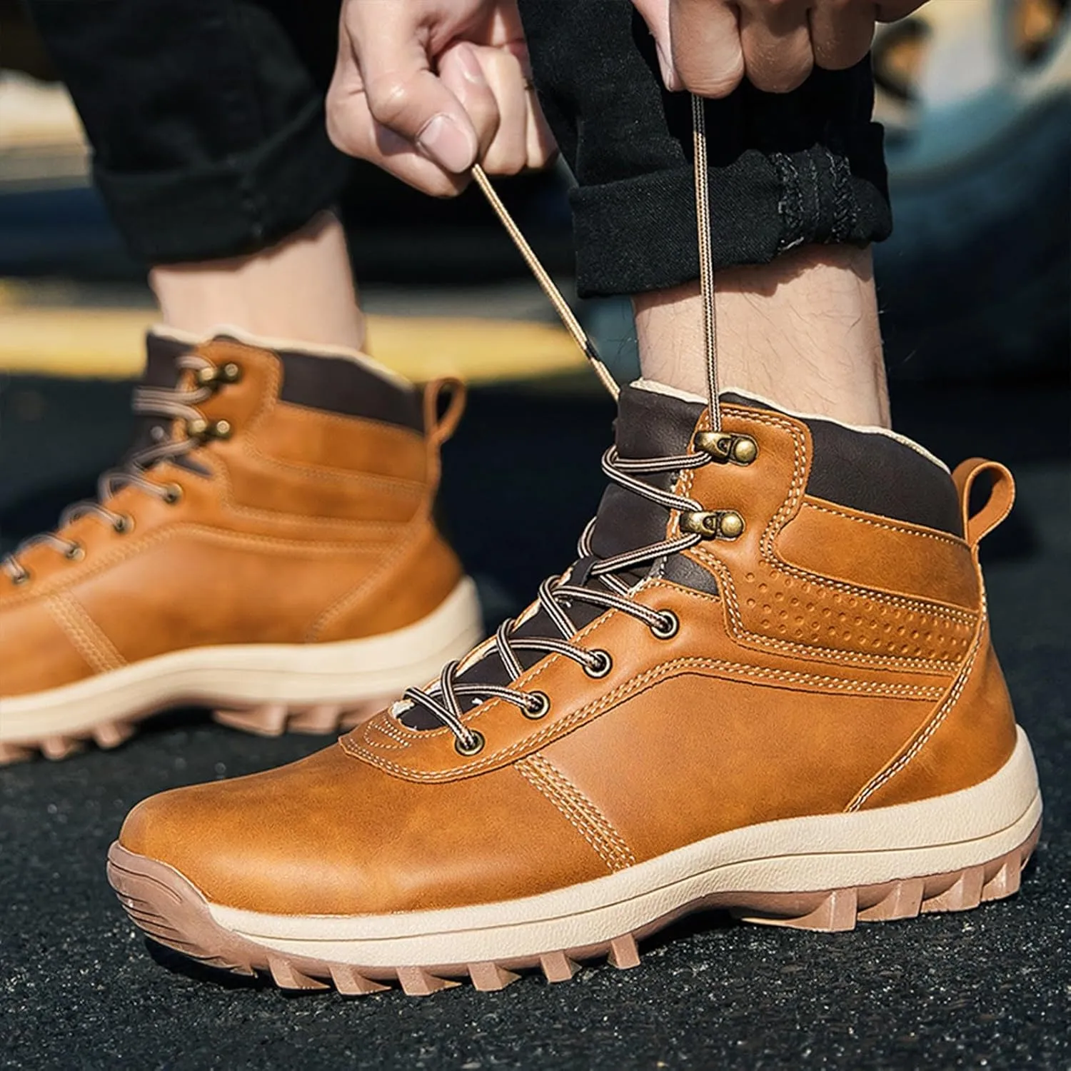 Mens Work Boots Waterproof Hiking Sneakers Zip Up Fur Lined Womens Safety Toe Shoes Wide Width Lightweight Outdoor Botas Mid Ankle Work Casual Hike Grounded Footwear