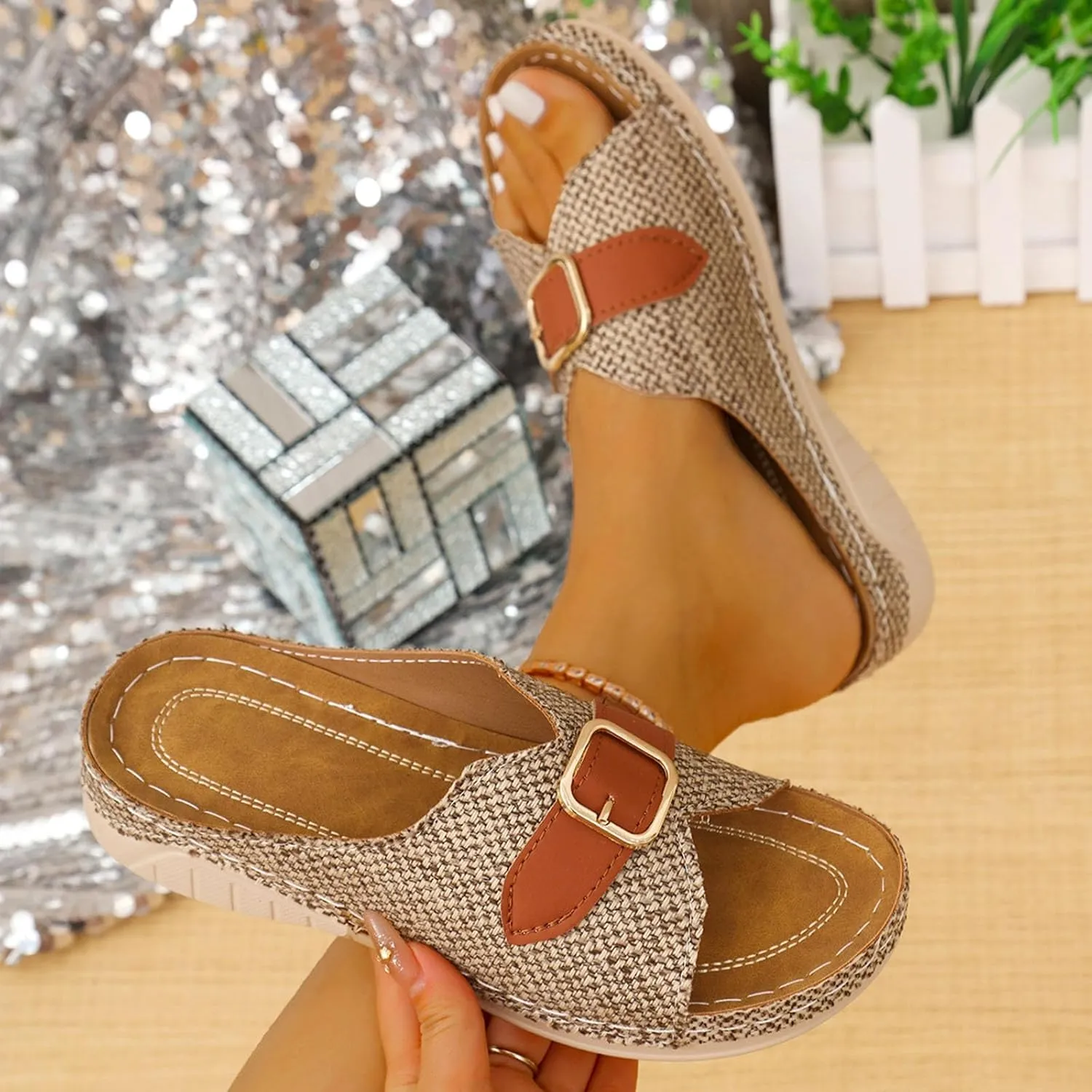 Orthopedic Slippers for Women Platform Sandals Metal Buckle Decoration Open Toe Fish Mouth Sandals, Summer Slip On Walking Shoes Casual Comfortable Flat Slippers