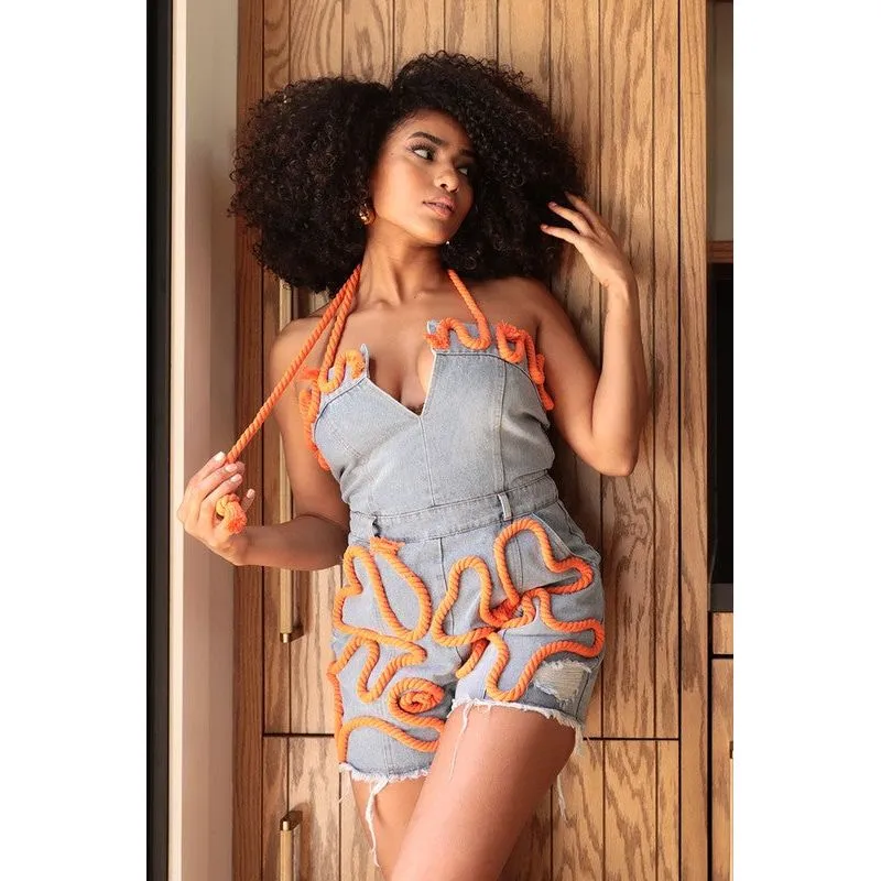 Playful Distressed Denim Romper with Orange Rope