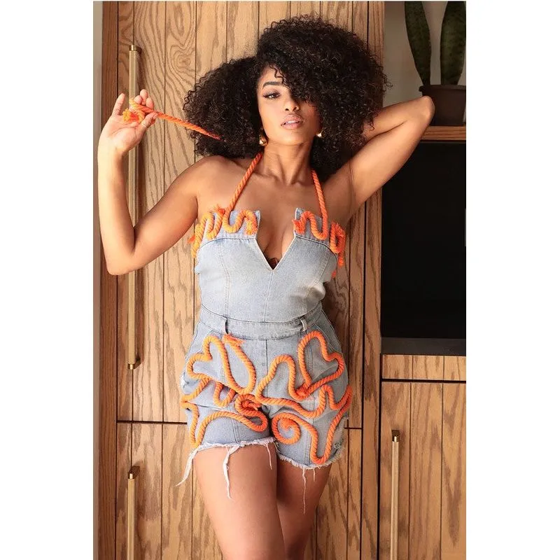 Playful Distressed Denim Romper with Orange Rope