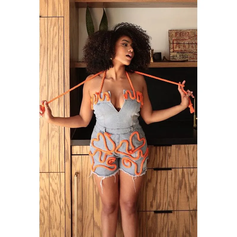 Playful Distressed Denim Romper with Orange Rope