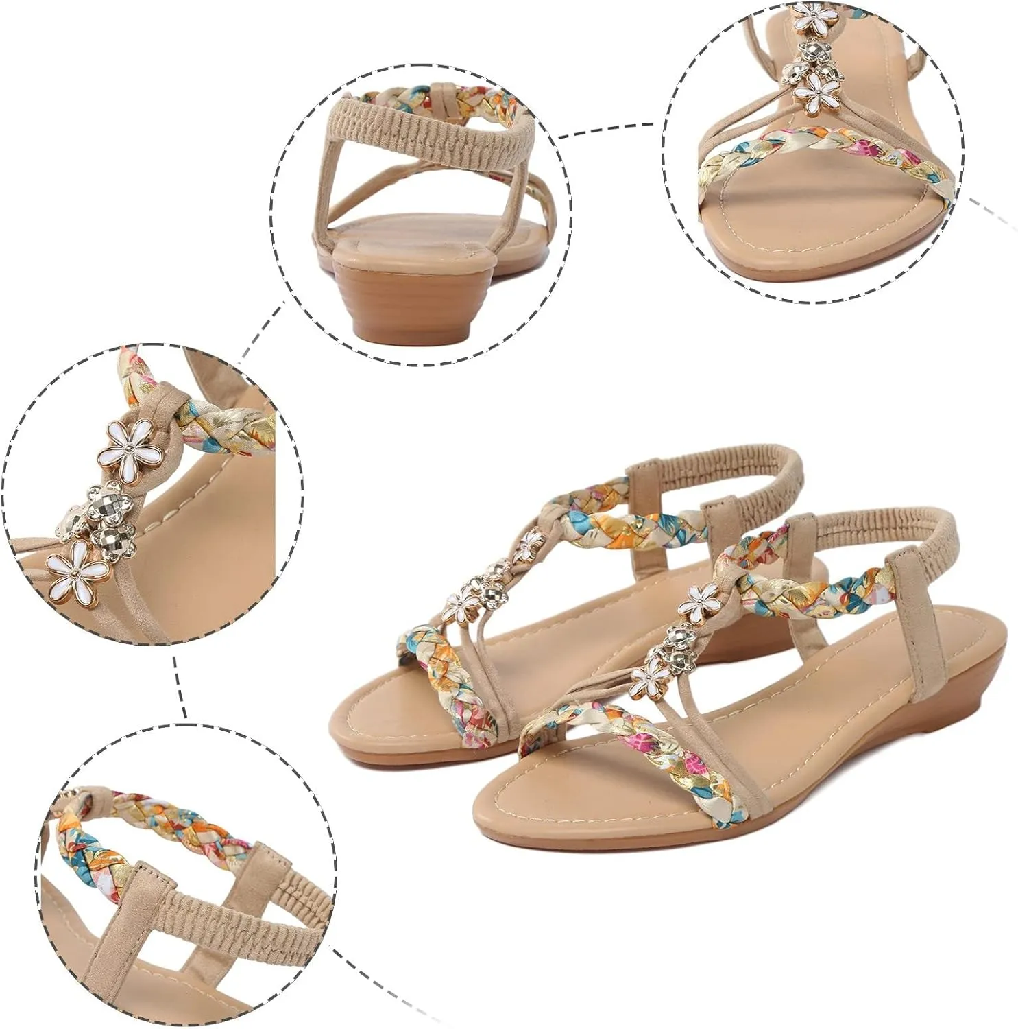 Summer Womens Flat Sandals Comfortable Orthopedic Wedge Sandals Sparkly Bling Jeweled Bohemian Sandal Elastic Ankle Strap Beach Walking Shoes
