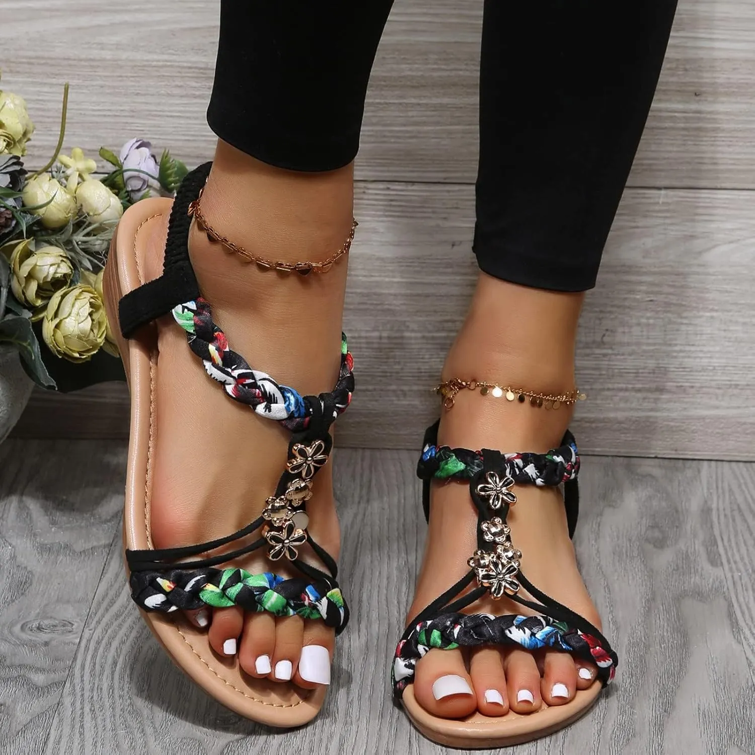Summer Womens Flat Sandals Comfortable Orthopedic Wedge Sandals Sparkly Bling Jeweled Bohemian Sandal Elastic Ankle Strap Beach Walking Shoes