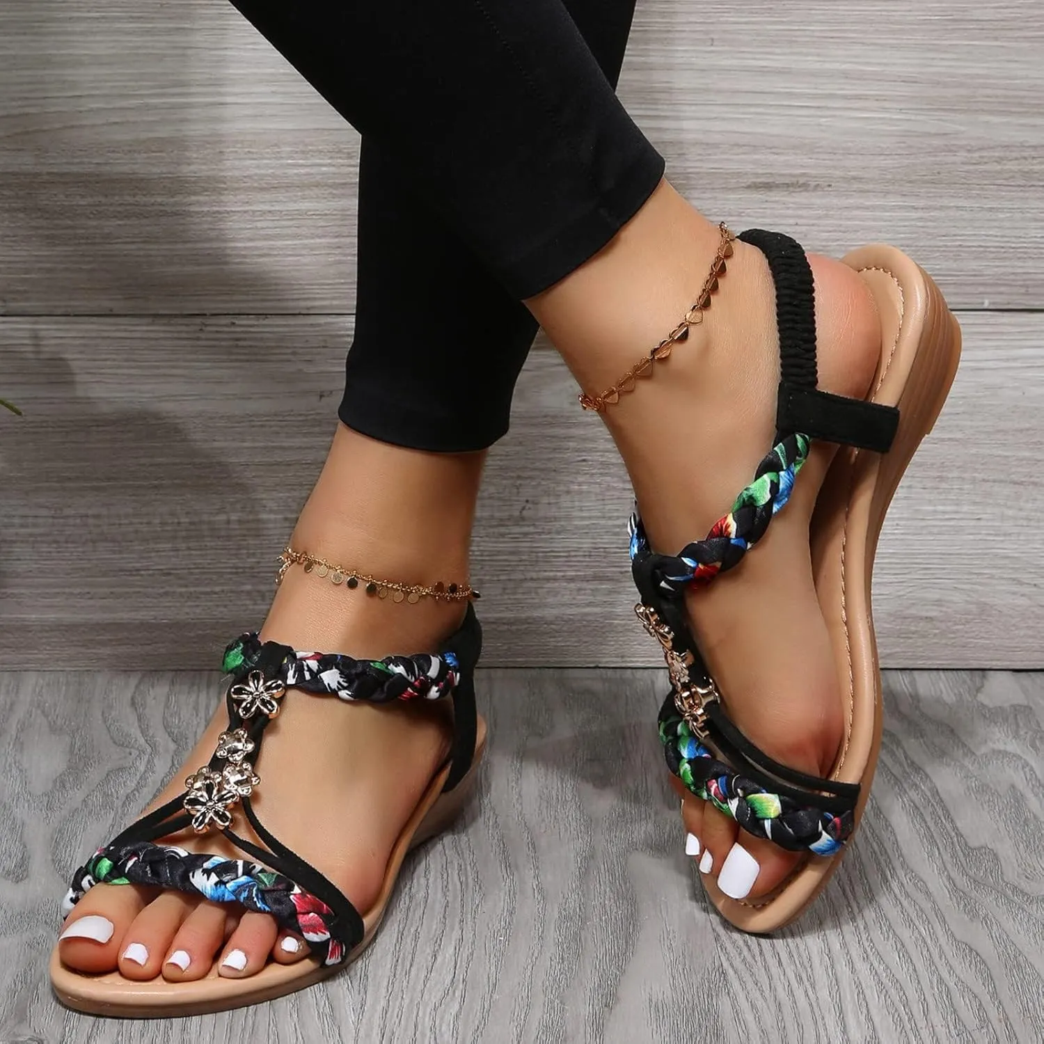 Summer Womens Flat Sandals Comfortable Orthopedic Wedge Sandals Sparkly Bling Jeweled Bohemian Sandal Elastic Ankle Strap Beach Walking Shoes