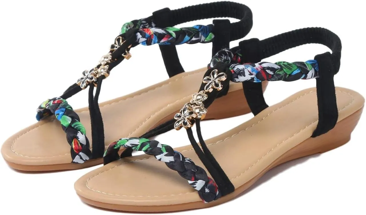 Summer Womens Flat Sandals Comfortable Orthopedic Wedge Sandals Sparkly Bling Jeweled Bohemian Sandal Elastic Ankle Strap Beach Walking Shoes