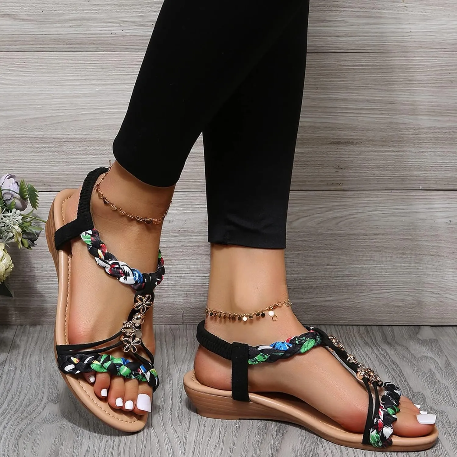 Summer Womens Flat Sandals Comfortable Orthopedic Wedge Sandals Sparkly Bling Jeweled Bohemian Sandal Elastic Ankle Strap Beach Walking Shoes
