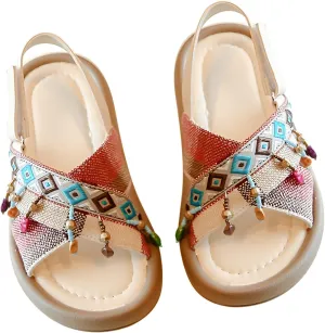 Toddler Girls Sandals Open Toe Arch Support Slides Adjustable Straps Cork Footbed Slippers for Kids Boho Outdoor Shoes