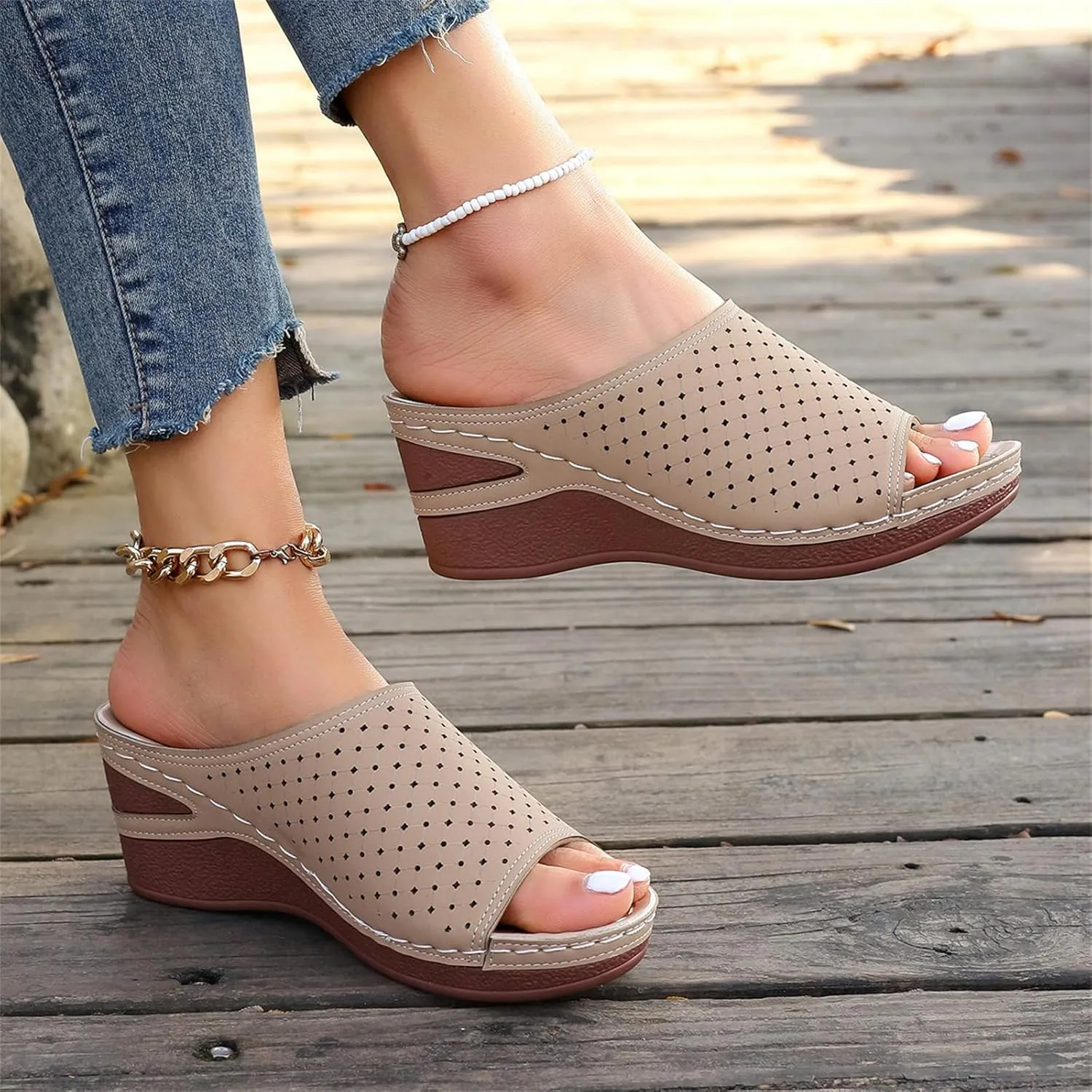 Wedge Sandals for Women 2025 Summer Orthopedic Slip On Slippers Hollow Platform Wedge Sandals Comfortable Arch Support Sandal Casual Non Slip Walking Beach Shoes