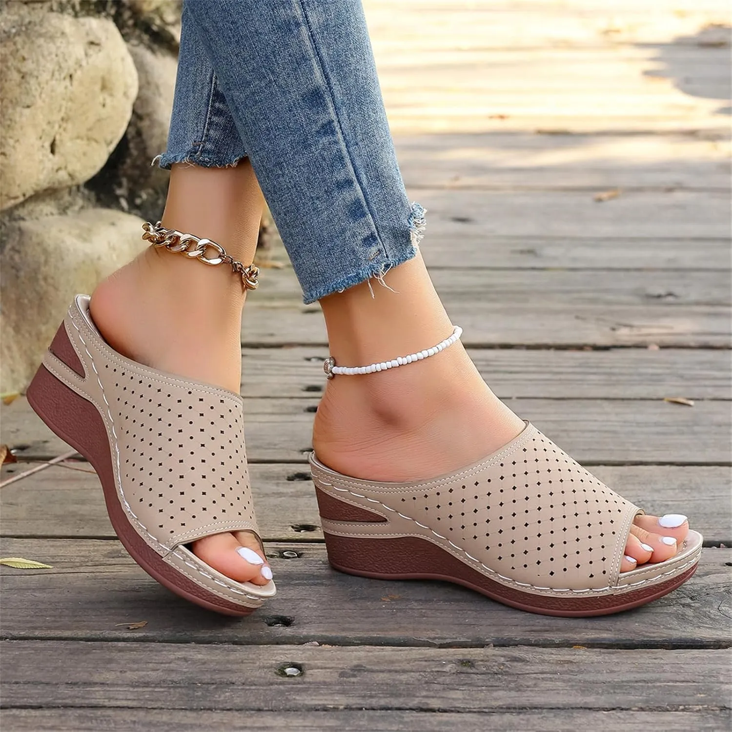 Wedge Sandals for Women 2025 Summer Orthopedic Slip On Slippers Hollow Platform Wedge Sandals Comfortable Arch Support Sandal Casual Non Slip Walking Beach Shoes