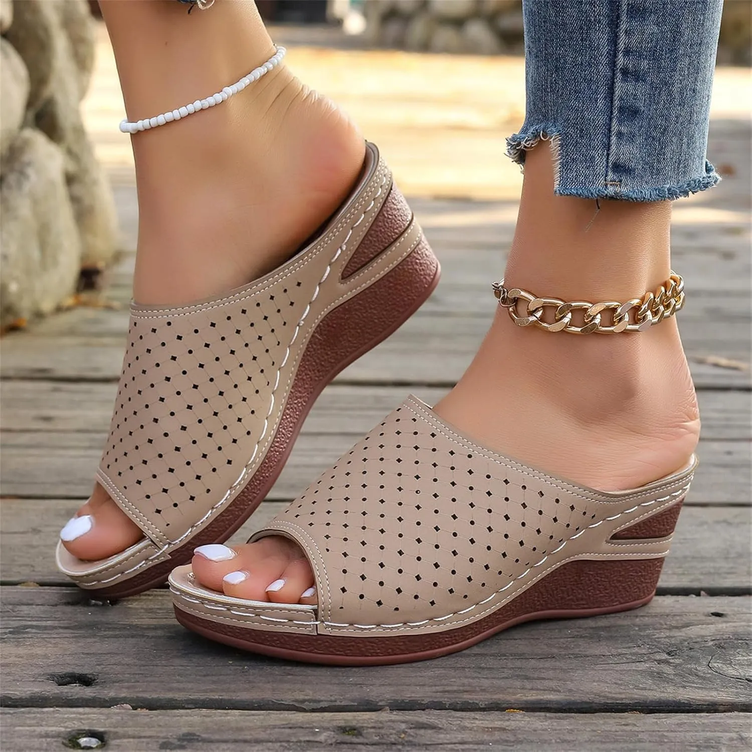 Wedge Sandals for Women 2025 Summer Orthopedic Slip On Slippers Hollow Platform Wedge Sandals Comfortable Arch Support Sandal Casual Non Slip Walking Beach Shoes